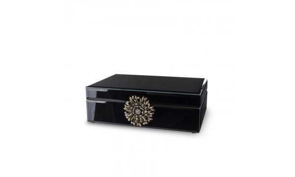 Dėžutė stiklinė juoda su metaline gėle 8×24,5×17 cm